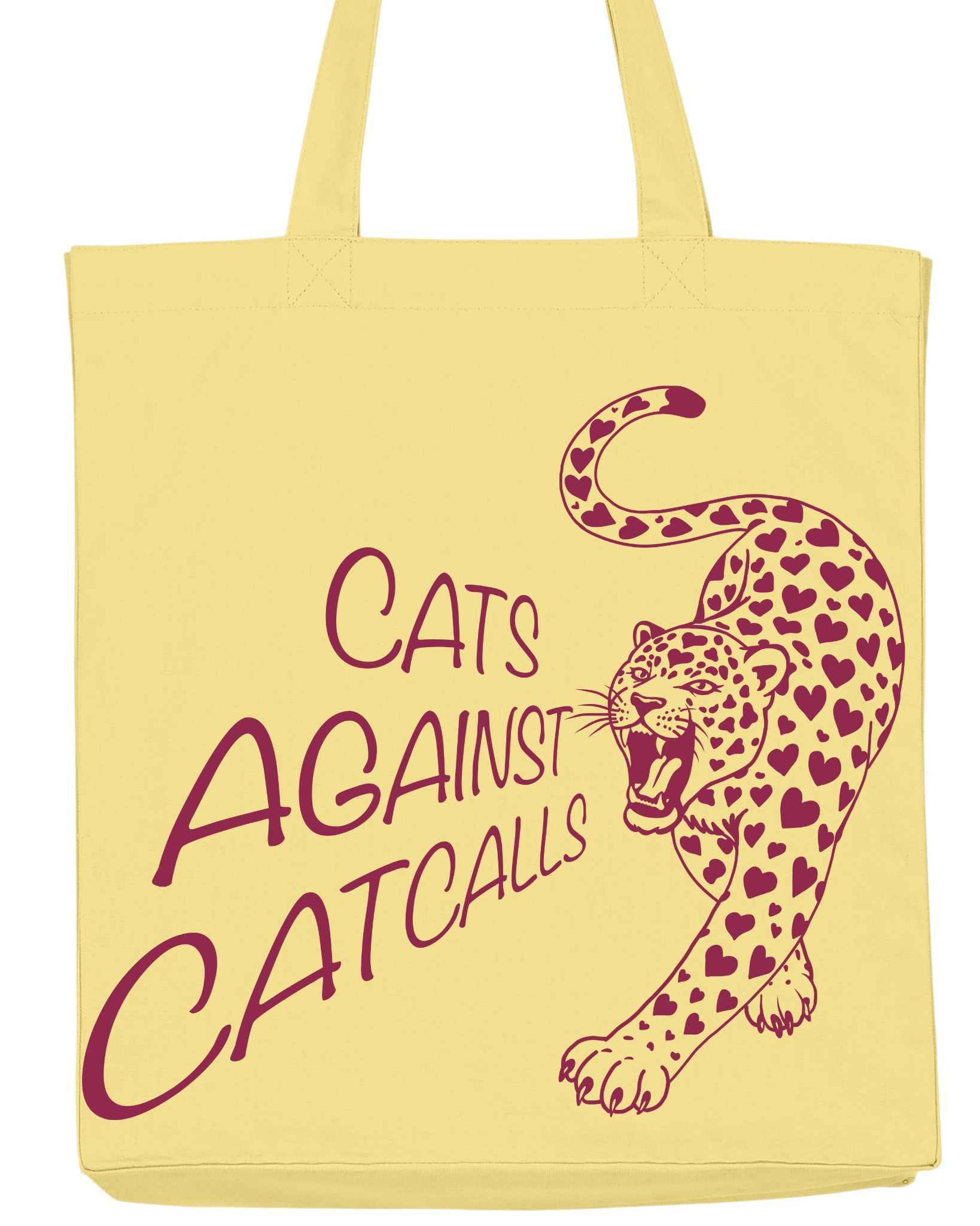 Feministische Tragetasche „Cats Against Catcalls“ in Buttergelb aus recycelter Baumwolle. Nachhaltige Tote Bag mit Statement gegen Catcalling