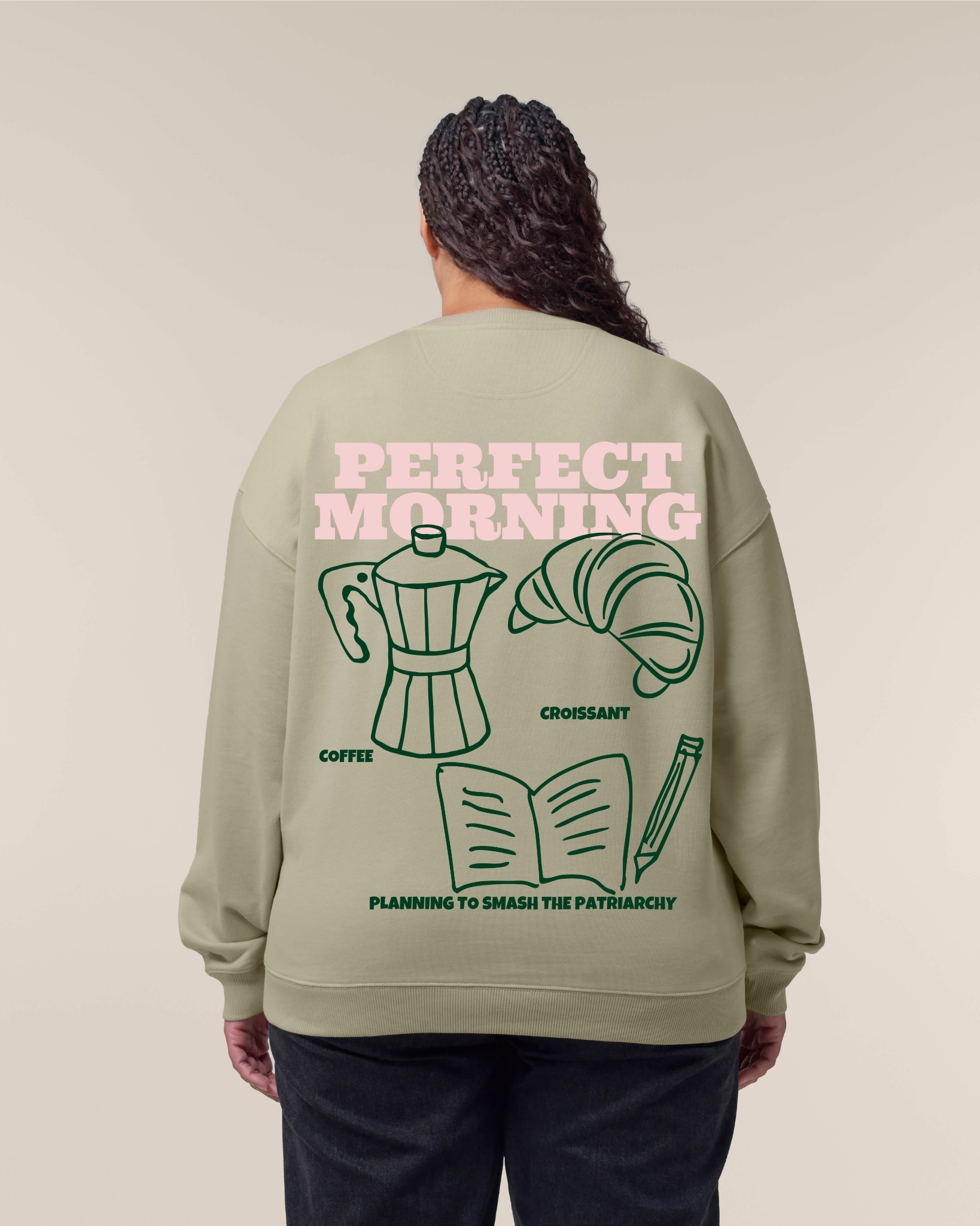 Perfect morning for smashing the patriarchy - Oversized Sweatshirt - Stone  (Maxie ist **183cm** groß und trägt Größe **XL**)